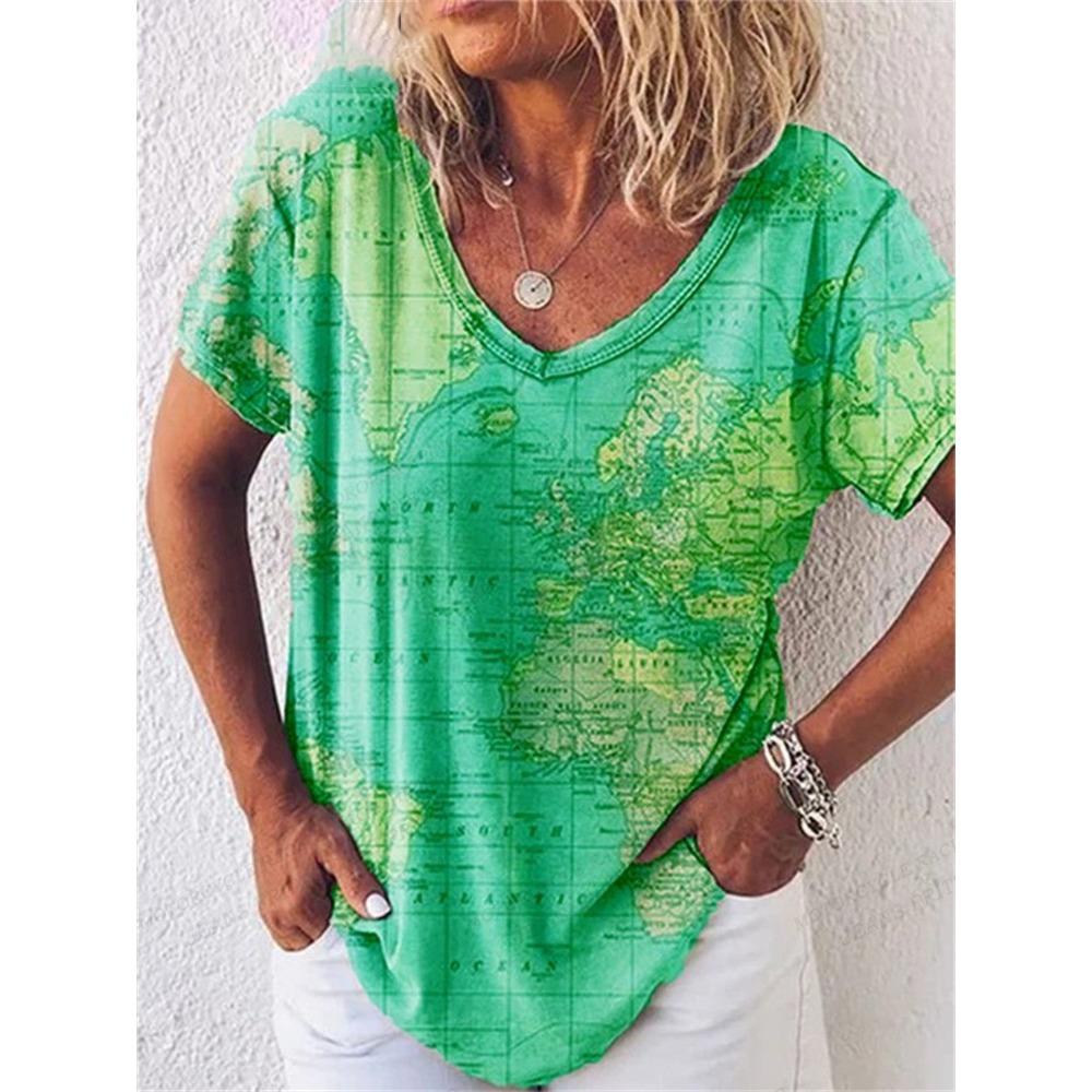 Women's T Shirt Map 3d Print T-shirt Women Fashion V-Neck T-shirts Short Sleeve Tops Tees Loose Tshirt Luxury Tshirt Casual