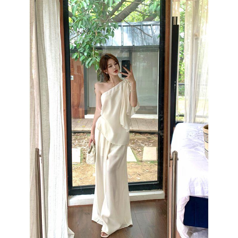 Kumikumi Casual Lazy Set Design off-the-Shoulder Loose Shirts Women Summer High Waist Mopping Pants Two-piece Set