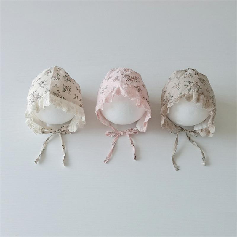 Princess Baby Ruffle Court Hat Lace-up Beanie Flower Print Infant Headgear Bonnet Kids Photo Props 0-12M Toddler Sunscreen Visors