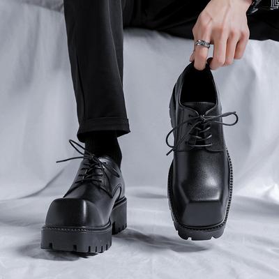 Men Fashion Original Leather Shoes Designer Square Toe Derby Shoe Stage Nightclub Dress Black Tide Platform Footwear Male