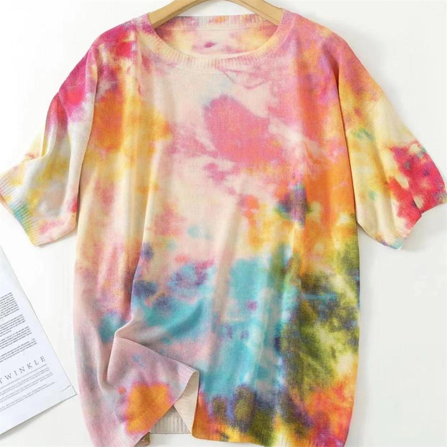 

Женские повседневные вязаные топы с короткими рукавами и круглым вырезом, весенние трикотажные пуловеры, женская дышащая футболка с цветочным принтом One Size