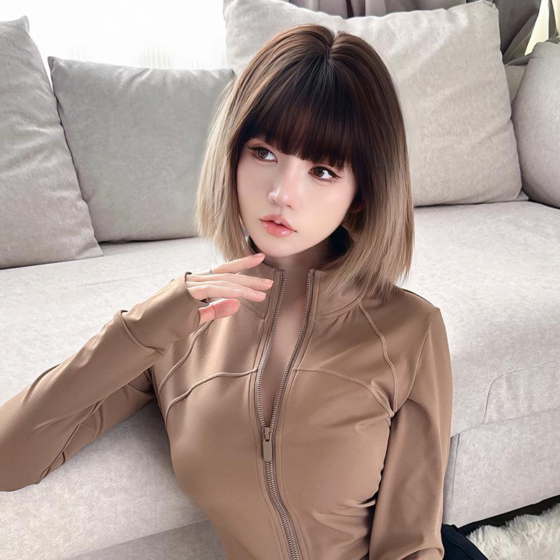 Женская короткая прямая омбре-парик, натуральный вид, модный стиль инфлюенсера, полный парик, синтетический парик коричневый