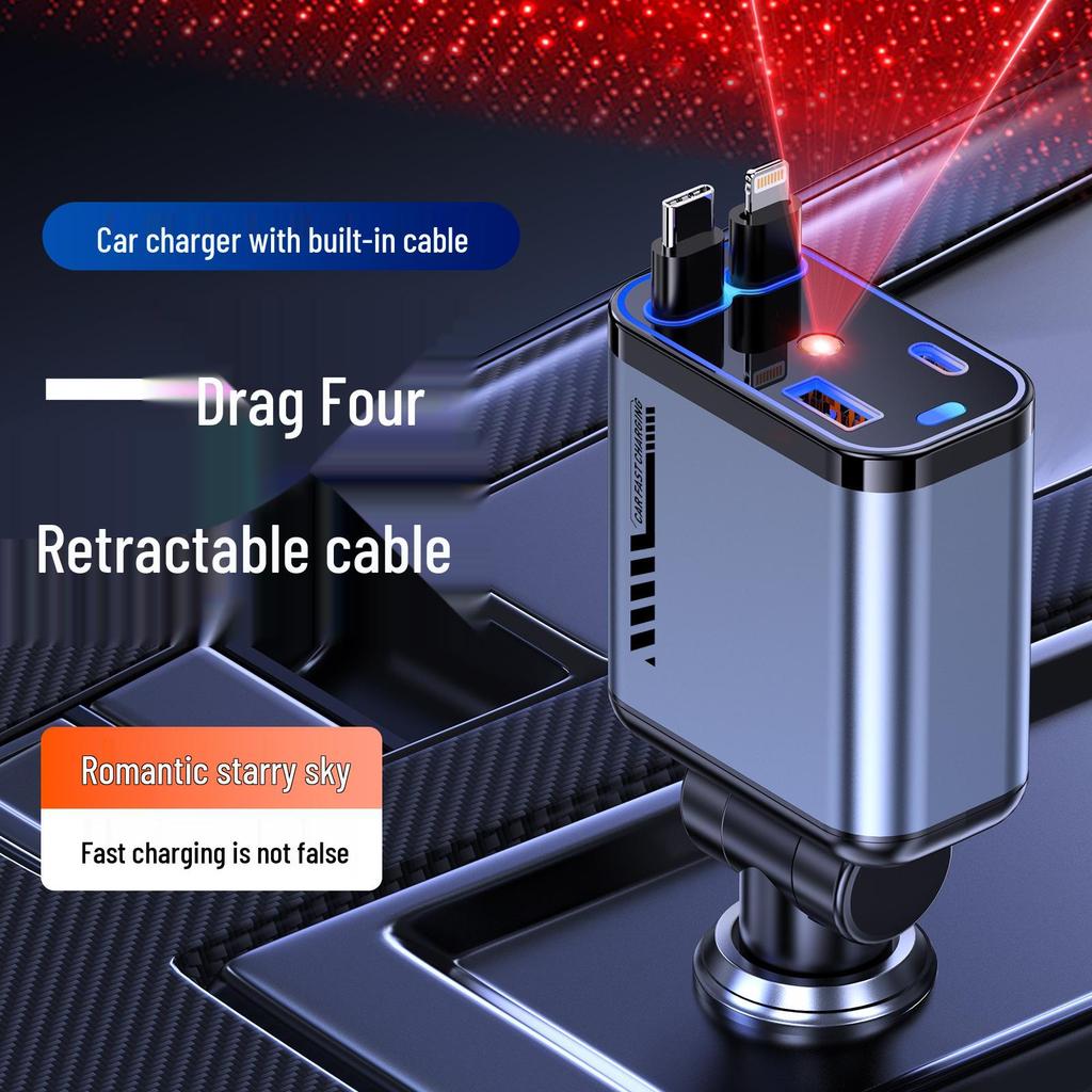 120W Multi-port Fast Car Charger with Retractable Cable and Cigarette Lighter Adapter