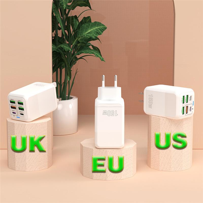 USB Phone Charger 150W 6 Ports PD Type C Fast Charge Wall Charger For iPhone 15 Samsung Xiaomi EU/US/UK Plug Phone Power Adapter