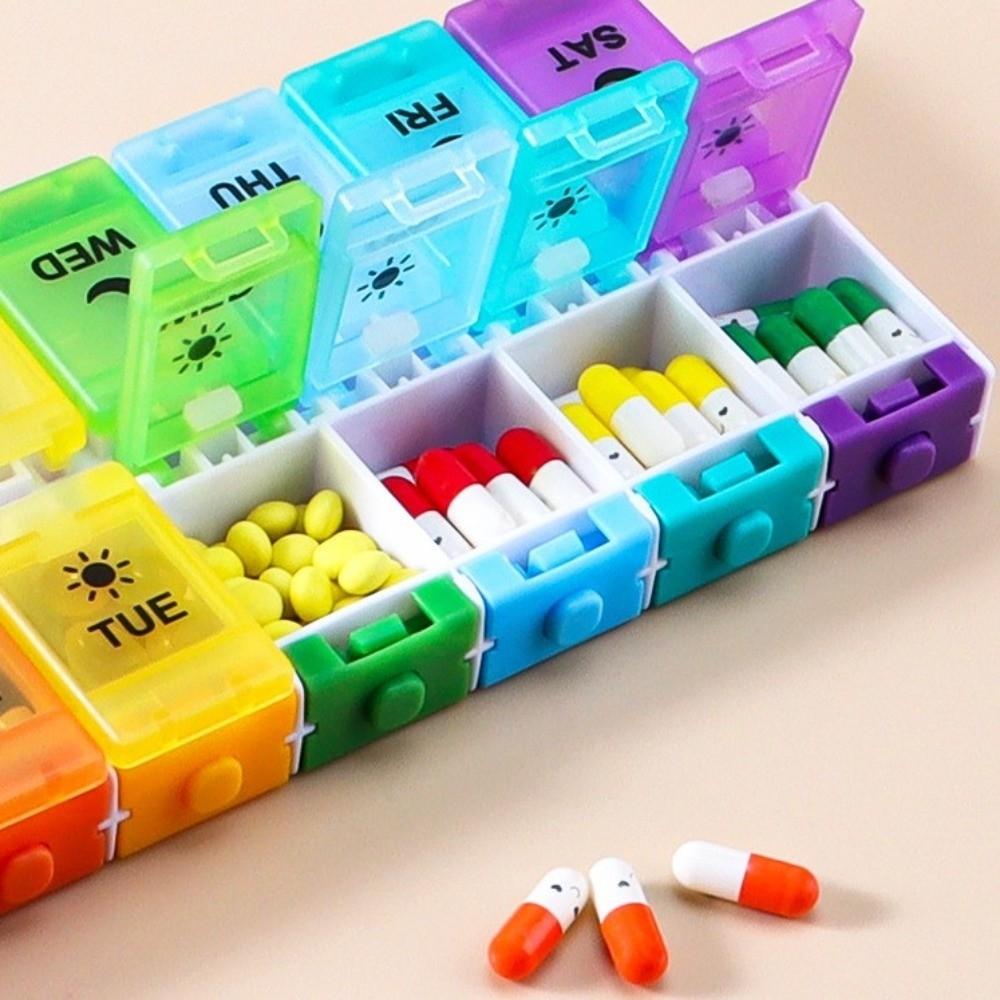 Portable Button-Press Lid Pill Box Weekly Travel Pill Cases Box 14 Grids Pills Container  Men/Women