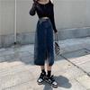 Korean Irregular Slit Denim Midi Skirt - Plus Size A-Line High Waist for Autumn/Winter