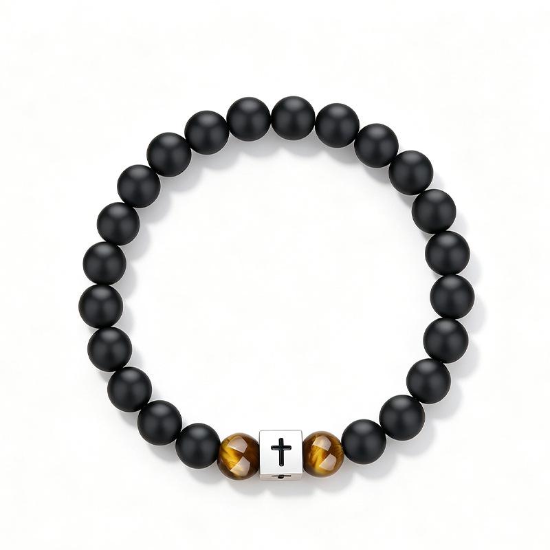 Black Matte Stone & Tiger Eye Square Cross Pendant Bracelet