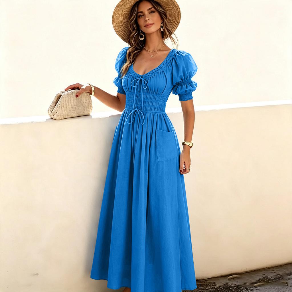 Women's Round Neck Long Dress with Puffy Sleeves and Self-Tie Waist