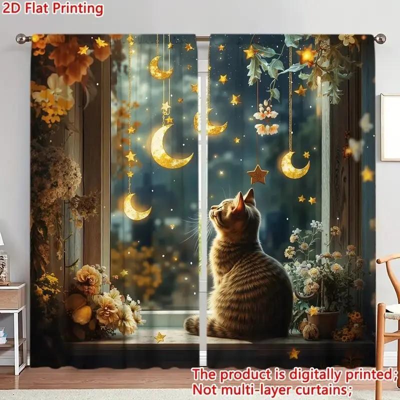 

Floral Moon Cat Printed Curtain Window Drapes Bedroom Living Room Decor Polyester Set Of 2 Made With Rod Pocket Washable Great Ready W100*H70(CM)-Grommet top&2PCS
