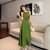 High-quality Retro Green Pinch Pleated Waist Design Dress Women's Summer Temperament Elegant Sleeveless Vacation Style Dress