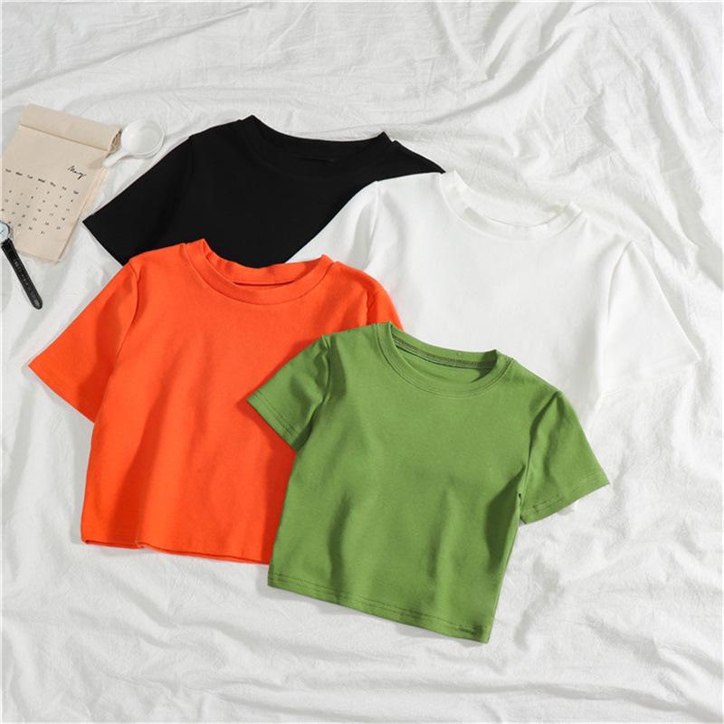 Women's Solid Color Crop Top - Slim Fit, Short-Sleeved, High Waist, Trendy Design.