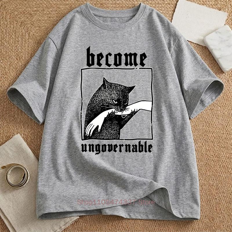 Become Ungovernable Funny Graphic Cat Biting Hand Tshirt Summer Unisex Unisex Fashion Vintage Streetwear Oneck Short Sleeve Tees