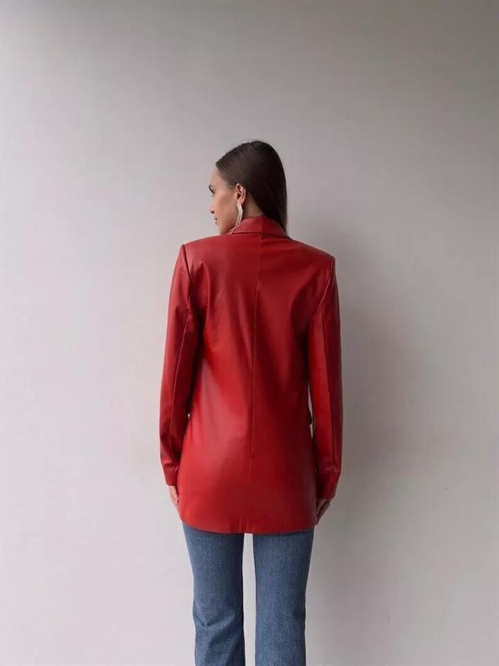 Stylish Designer Leather Party Real Lambskin Handmade Red Formal Women's Blazer