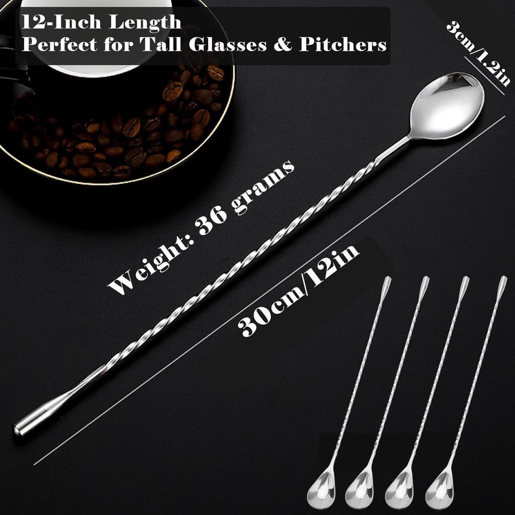 4-Piece Stainless Steel Bar Spoon, 12-inch Spiral Handle Cocktail Mixing Spoon for Bartenders & Home Bars, Long Drink Stirrer for Coffee, Milkshake,