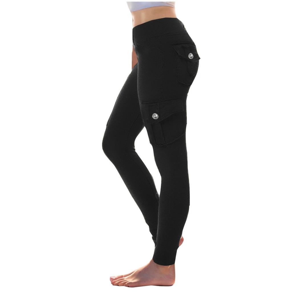 Damen Stretch-Bund Knopf Mehrere Taschen Kordelzug Yoga-Hose Leggings Sport Dünn Geschnittene Hose