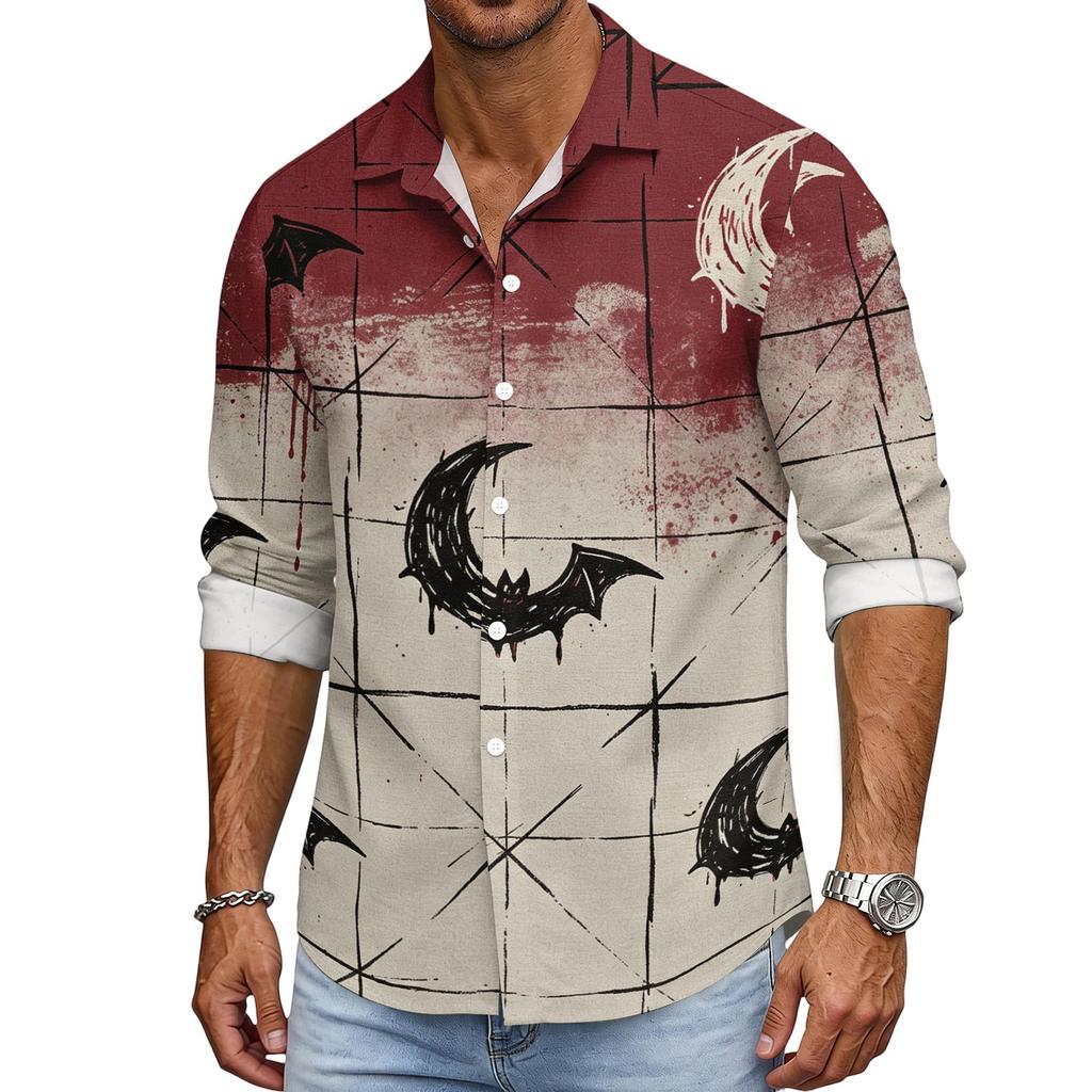 Men's Loose Fit Long Sleeve Shirt with Turn Down Collar Halloween Theme Vintage Casual Button Down Shirt for Spring Autumn Outdoor Daily Wear