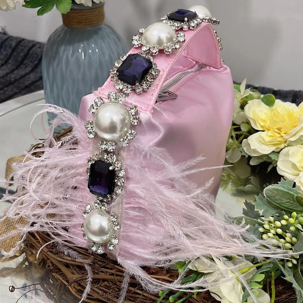 Diamonds Feather Women Handbags Luxury Pearls Party Evening Bags for Women  Designer Satin Square Clutch Wedding Purses Tote