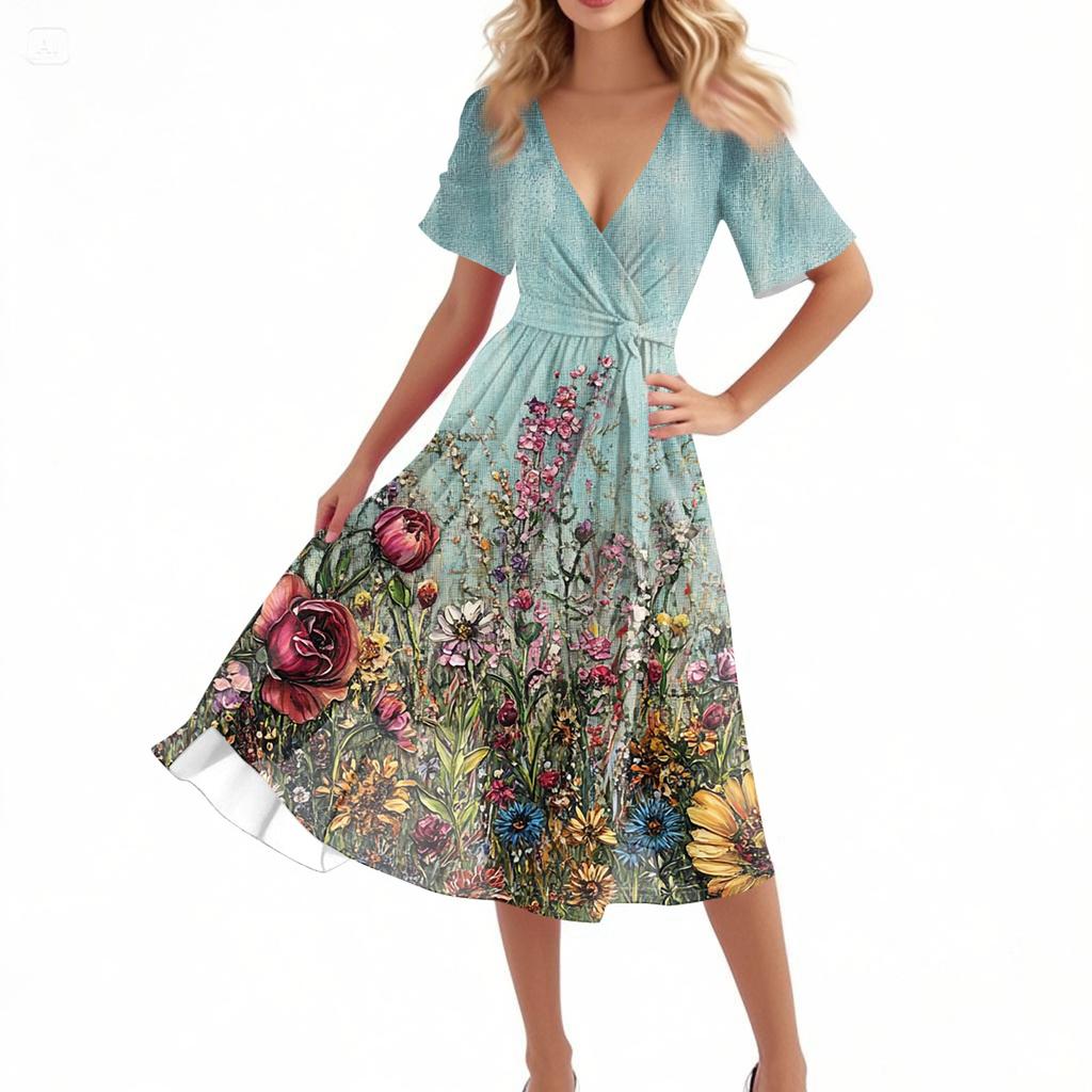 Women's Casual Fashion Flared Skirt V-neck Short-sleeved Floral Print Dress