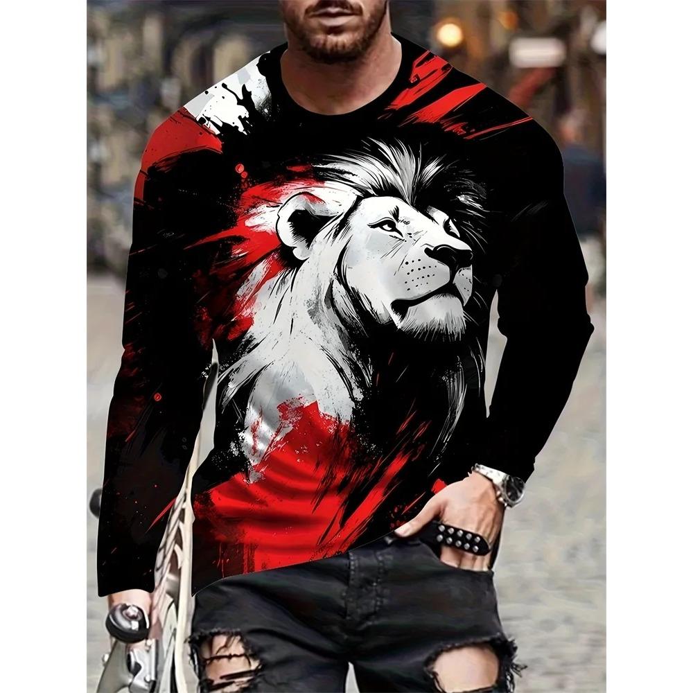 Spring and Autumn Round Neck Animal Pattern 3D Printed Top Fashionable Casual Long Sleeved Men's T-shirts