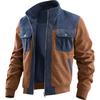 Men's Denim Plaid Patchwork Lapel Zip Up Ribbed Hem Bomber Jacket