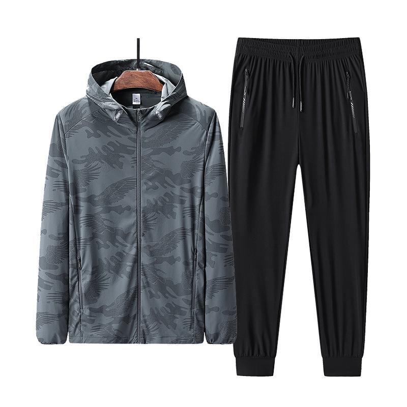 Men's Plus Size Ice Silk Set, Hooded Ice Silk Skin Jacket, Two-piece Set, High Elasticity Loose Fit Set