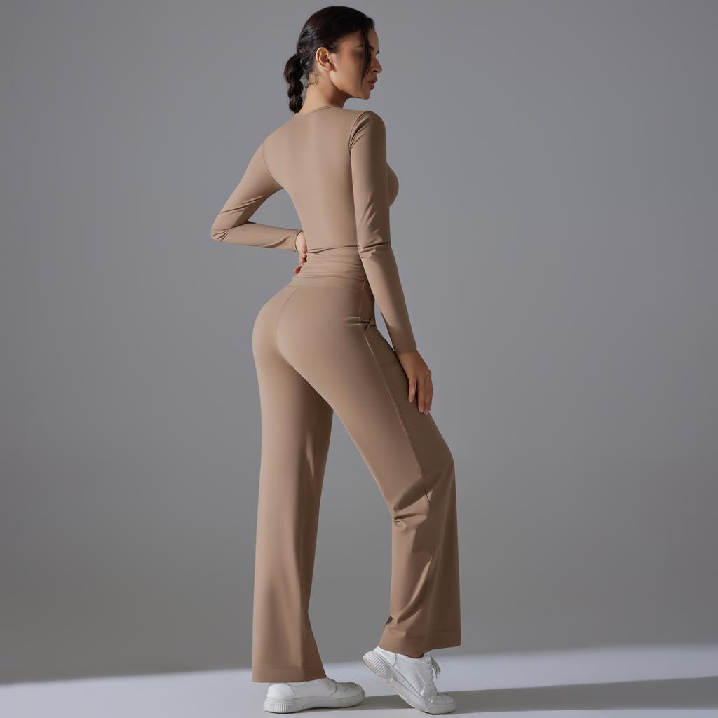 Nessaj Yoga Sportswear With Pockets Women Gym Suits Wide Leg Pants Long Sleeve Shirts Sports Tracksuit