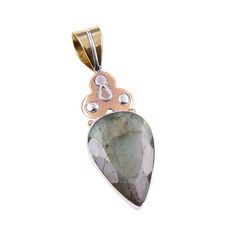 Natural Labradorite 925 Solid Sterling Silver Jewelry TwoTone Pendant 1.75" F8w39