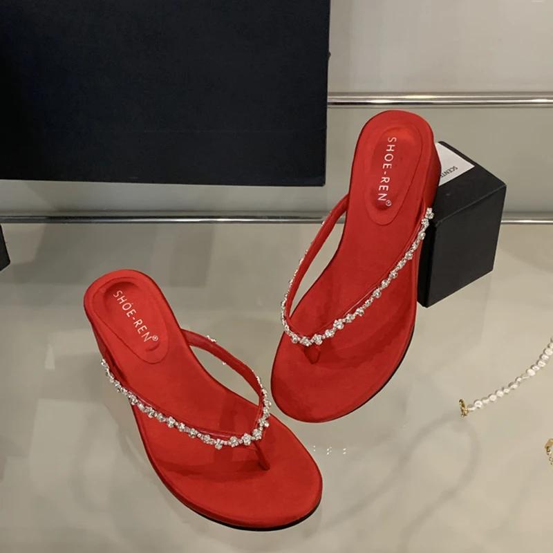 Fashion 2025 New Summer Women Crystal Clip Toe Slippers Fashion Wedges Heel Slide Ladies Elegant Street Style Flip Flop Shoes
