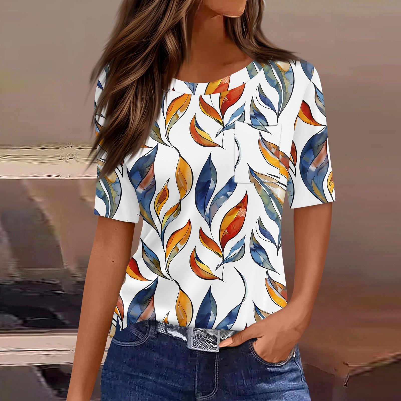 

Футболки для женщин с круглым вырезом, нарядные повседневные блузки с принтом, короткие рукава, летние топы свободного кроя S оранжевый