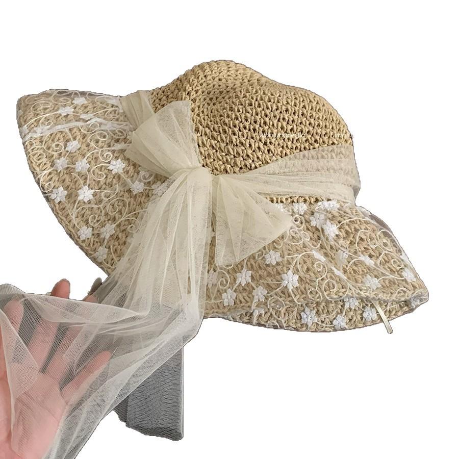 Summer lace flower shade straw hat female bow pearl decoration brim seaside vacation wind sun hat