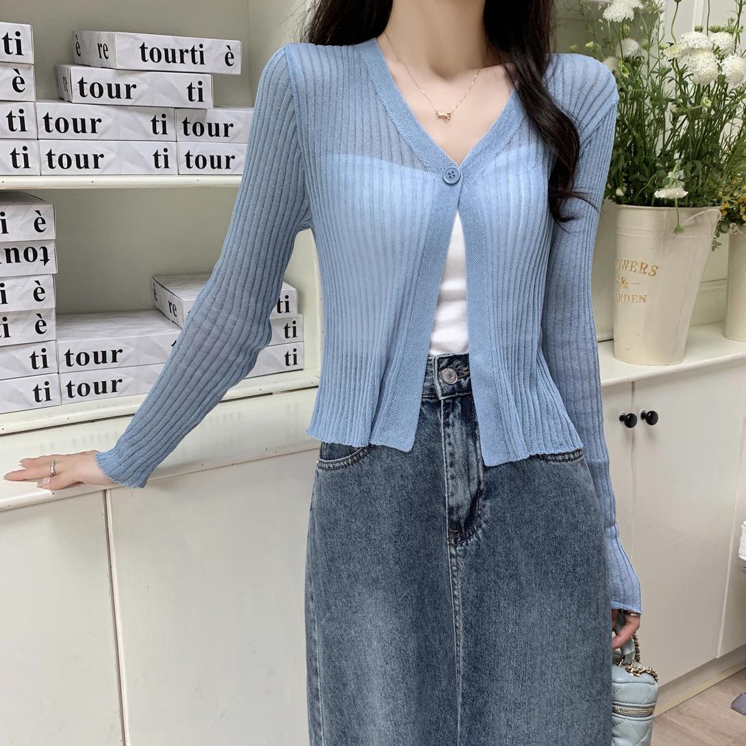 

Женский летний кардиган-шаль из шелка с V-образным вырезом - легкая верхняя одежда с защитой от солнца One Size (35kg-60kg) синий