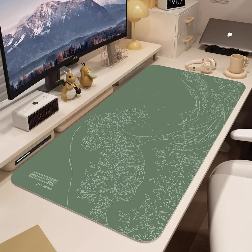Japanese Great Wave Desk Mat green Mousepad Hokusai Japan Ukiyoe edo line art sage aesthetic Large wide long Gaming mouse pad 400x800x2mm