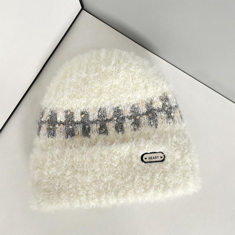 Plüsch gestreifte Strickmütze Damen Herbst und Winter neu vielseitig plüschig verdickt thermisch Ohrenschützer