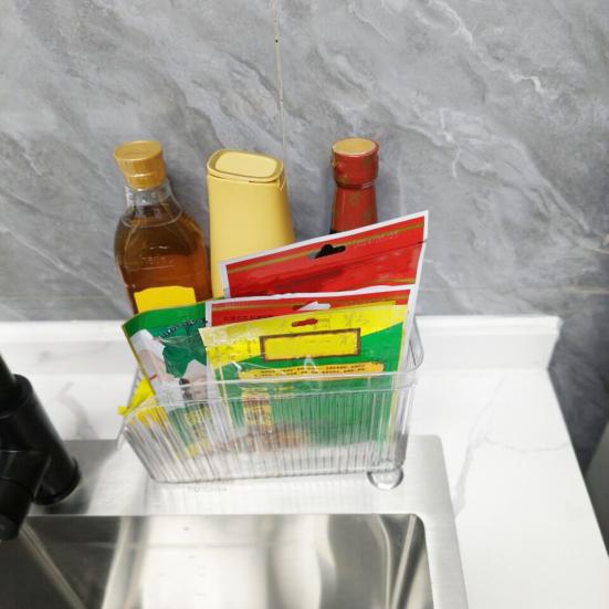 Kitchen Seasoning Organizer with Dividers Clear Plastic Storage Box for Spice Packets Sauces Stackable Dustproof Storage Box for Pantry Cabinet