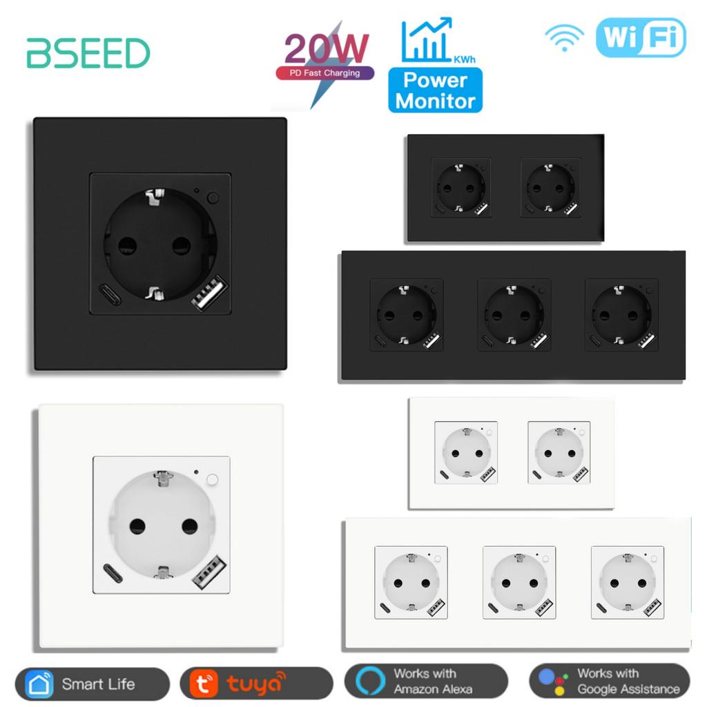 BSEED Wifi EU Socket With Normal Type-c USB Fast Charging Ports Smart Sockets Support Tuya Smart Life Alexa App Plastic Frames