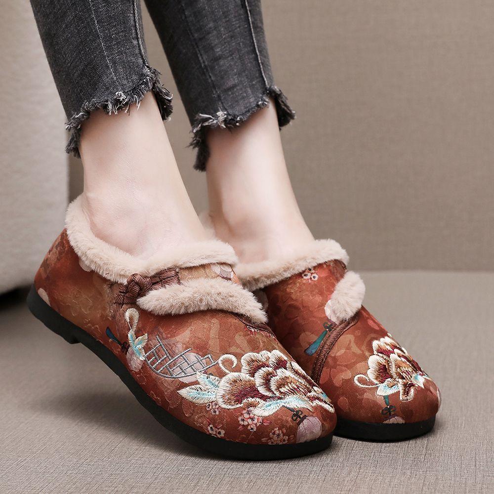 Women's Snow Boots Autumn New Plush Inner Lining Women's Cloth Shoes Retro National Style Low Heel Embroidered Boots Shoes