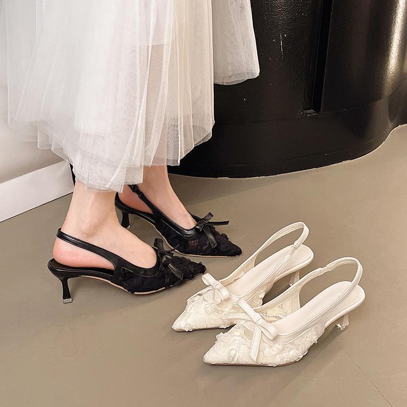Breathable Low-heeled Single Shoes Pink Lace Bow Pointed Head Bag Head Sandals Femininity New Versatile 2025 Summer