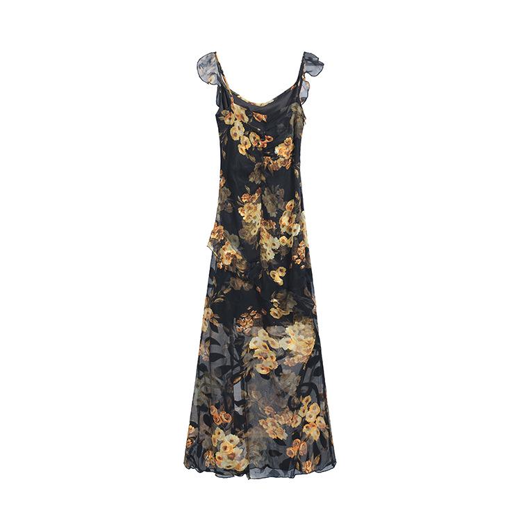 2026 Spring/Summer Resort Style Ruffled Slit Print Spaghetti Strap Maxi Dress - Elegant, Waist-Cinched Women's Fashion.
