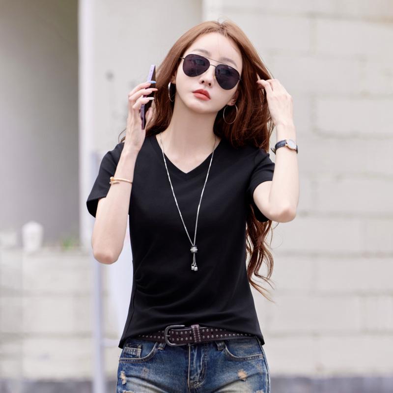 Women's Summer V-Neck Pleated Waist T-Shirt - Cotton, Short Sleeve, Elegant Korean Style