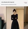 Hepburn-Style High Neck Black Slimming Autumn Dress with Waist-Cinching and French Elegance