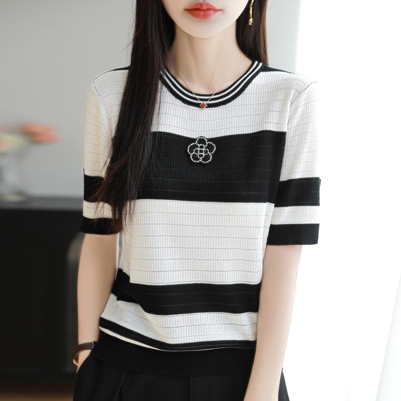 Women Knit T-shirt MODERN NEW SAGA Summer Knitted Shirt Short Sleeve Tees O-neck Patchwork Pullover Knit Tops