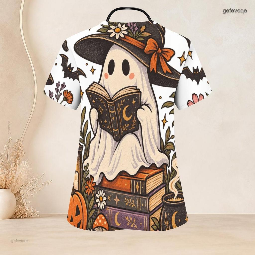 Women Plus Size White Halloween Cartoon Duck Printed V Neck Short Sleeve Nurse Scrub Top With Front Pockets