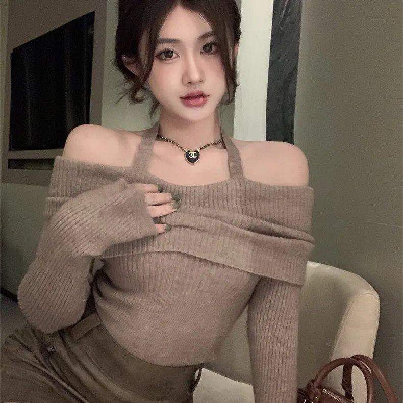 Korean-Style Spicy Off-Shoulder Halter Neck Knit Top for Women: Slim Fit, Long Sleeve, Autumn & Winter Collection