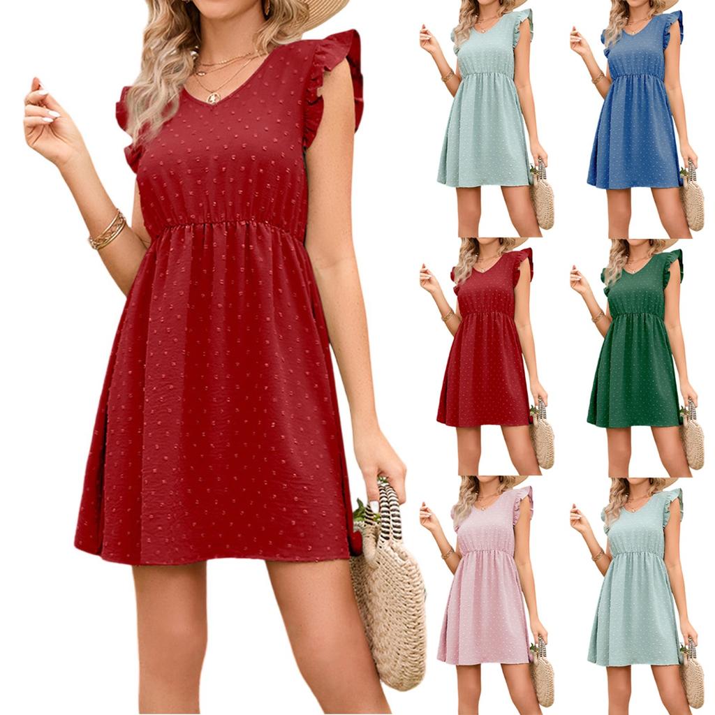 Damen Sommer Mode Einfarbig V-Ausschnitt Holzohren Taille Taille Urlaub Freizeitkleid