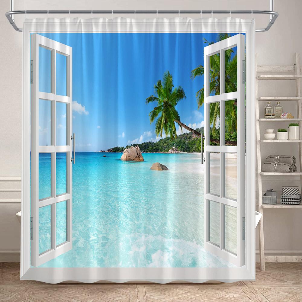 Hawaii Beach Shower Curtain Tropical Palm Leaves Blue Ocean Summer Holiday Nature Scenery Bathroom Curtains Polyester Home Decor