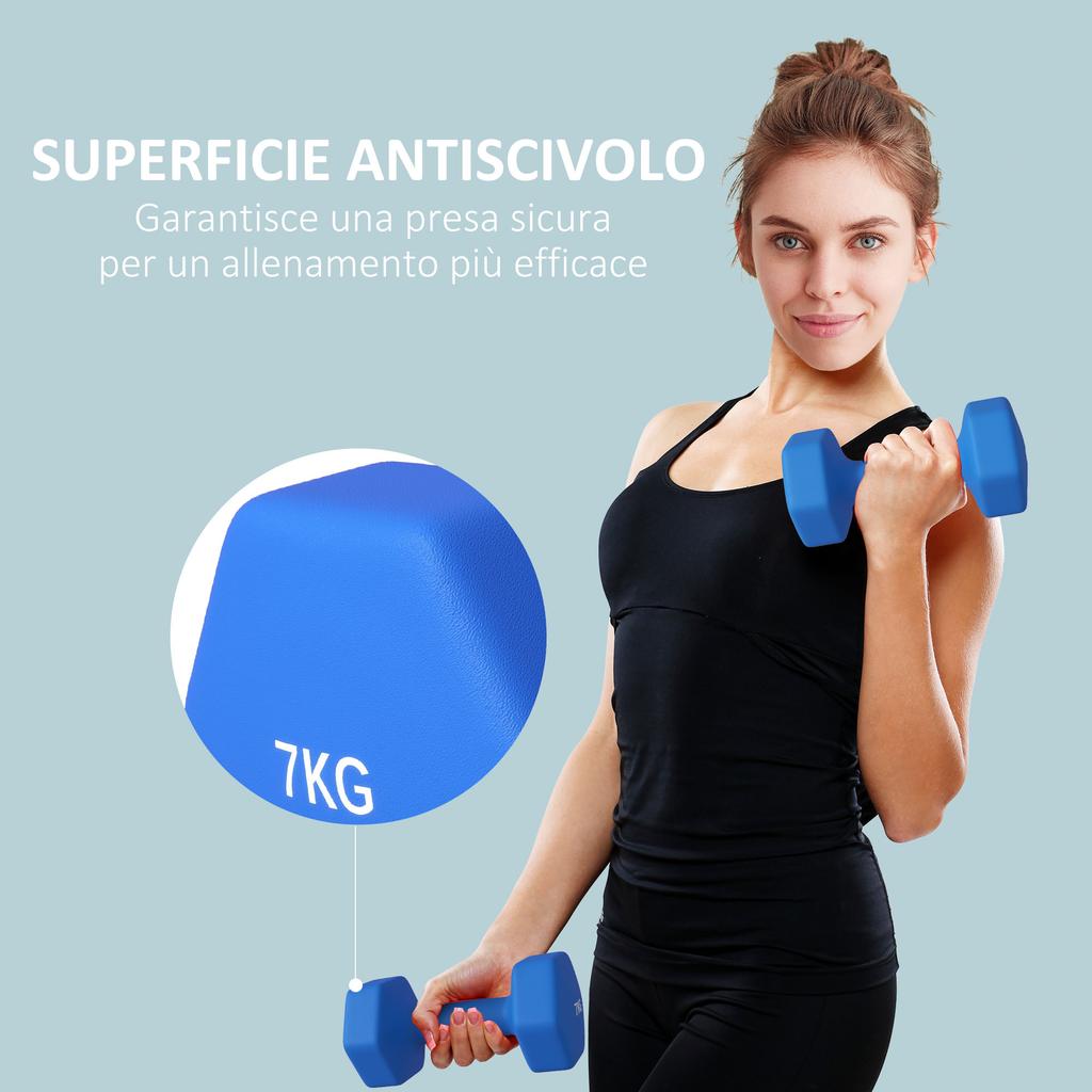 Set of 2 Hexagonal Dumbbells 2x7kg in Metal and Plastic with Non-Slip Grip, 22.5x10.5x10.5 cm, Blue