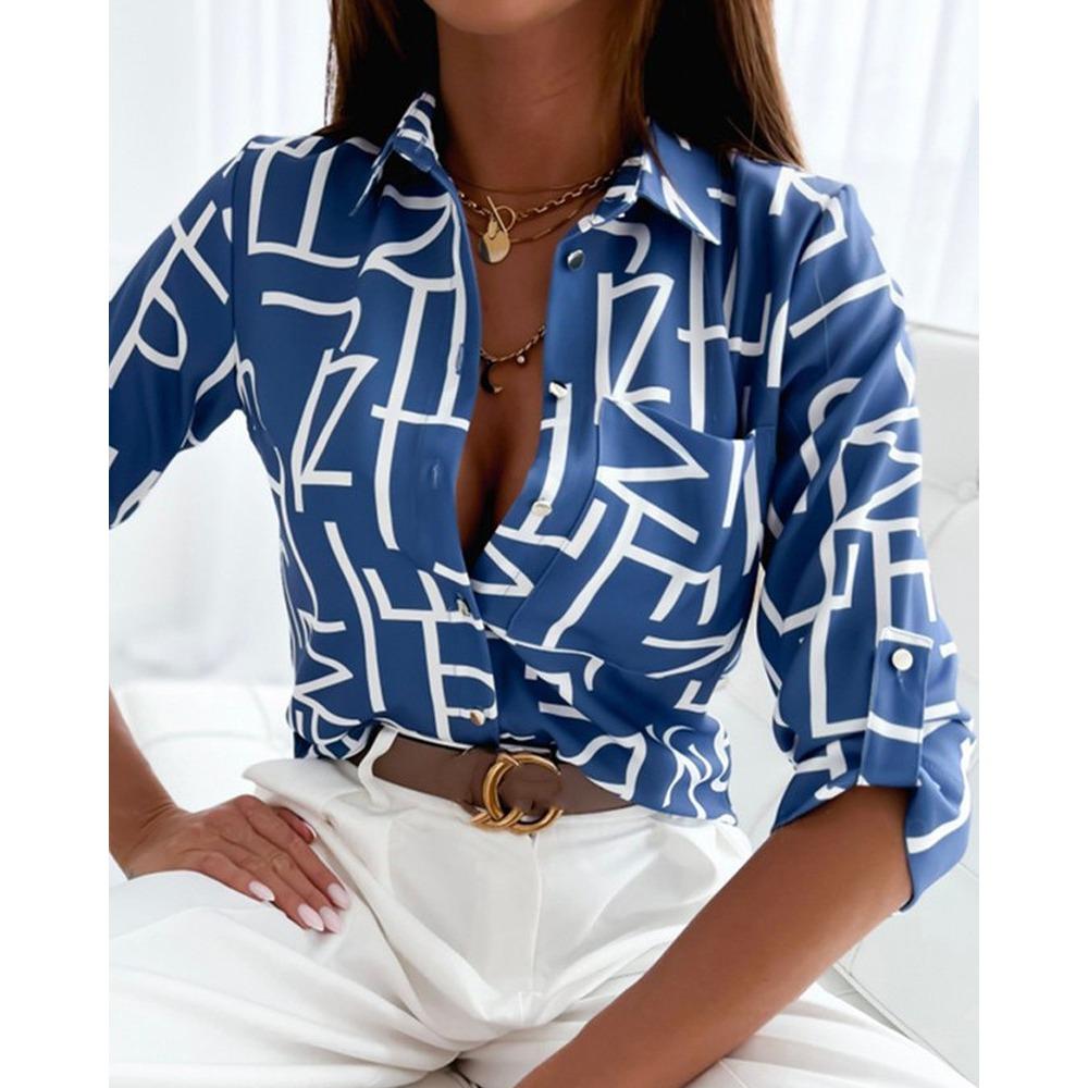 Elegant Women Blouse 2023 Spring and Autumn Temperament Top Long Sleeve Stripe Print Office Slim Fit Pocket Shirt