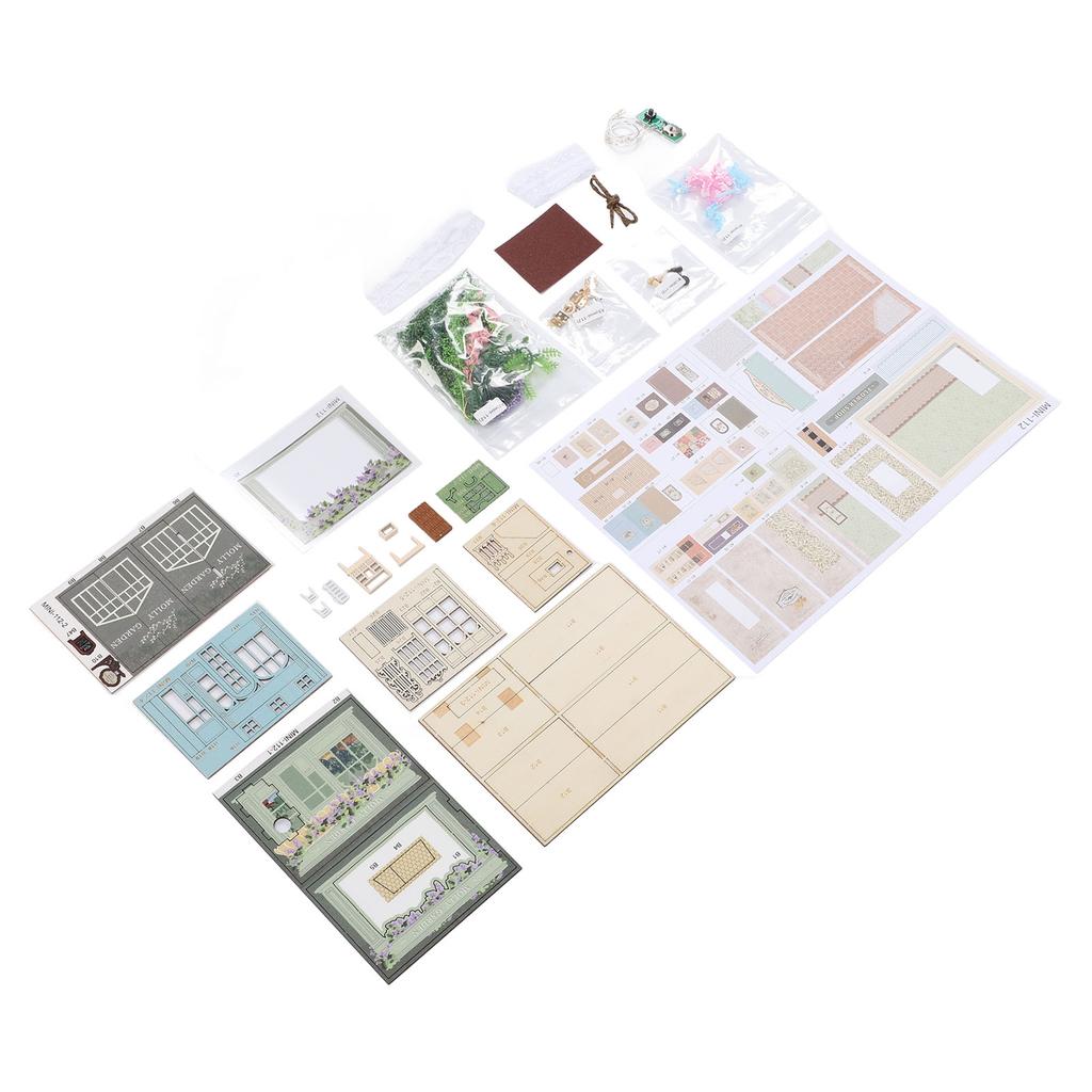 DIY Mini House Kit Wood Paper Openable and Closable Tiny Garden House Building Set with Strip Light