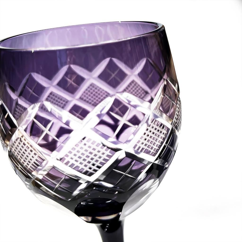 [Official Taiburo Workshop] Edo Kiriko Yarai Nanko Crest Wine Glass (Edo Purple) TB90408M, Wooden Box, Made in Japan