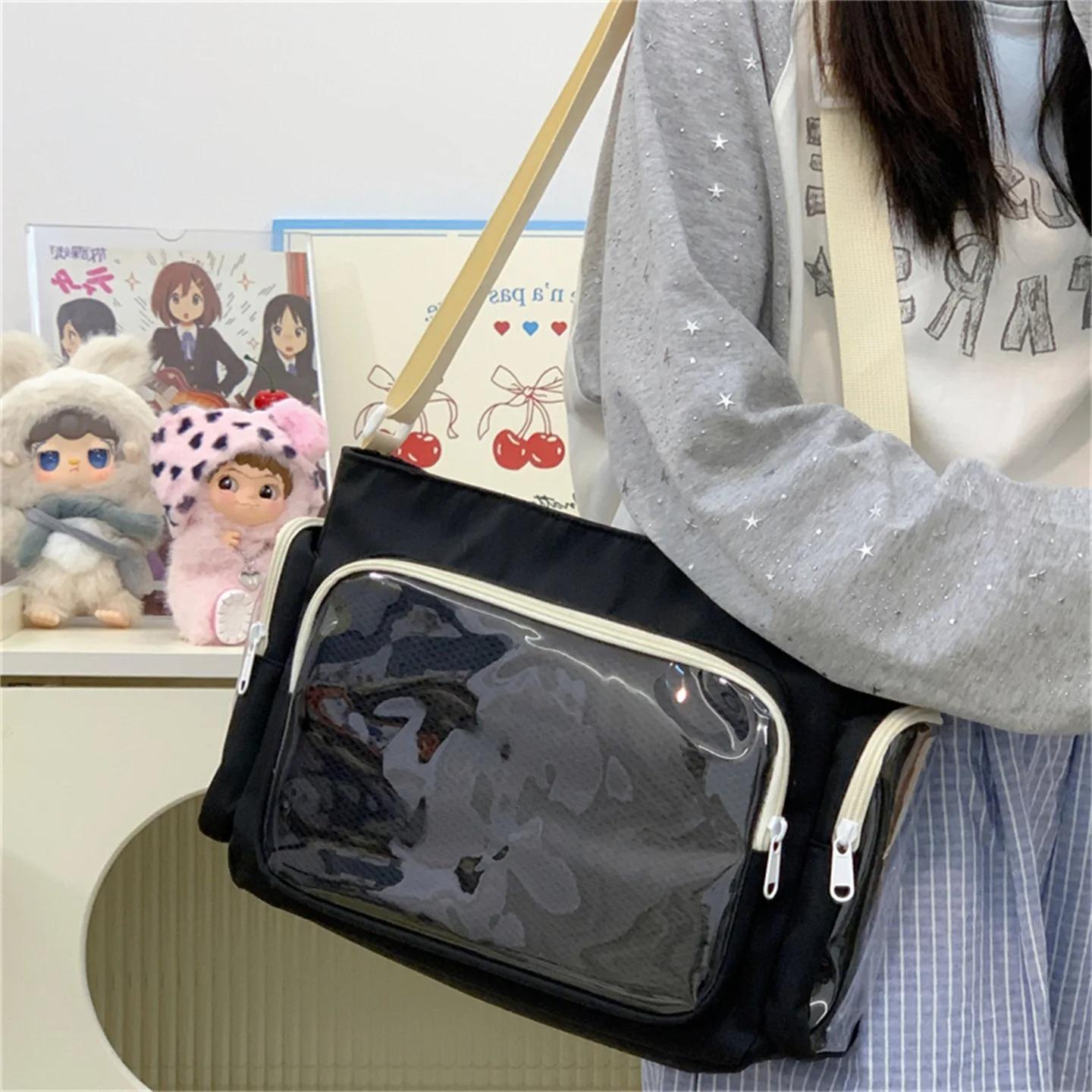 Market-4 Trendy Transparante Eenvoudige Crossbody Tas voor Meisjes Grote Capaciteit School Schoudertas Comfortabele en Veelzijdige Textuur Ita Tas zwart